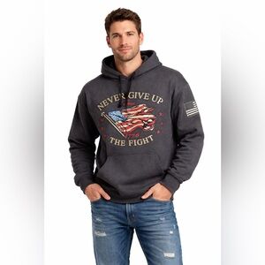 Buck Wear Never Give Up 1776 Patriotic Hoodie Men’s Large Gray Flag Graphic